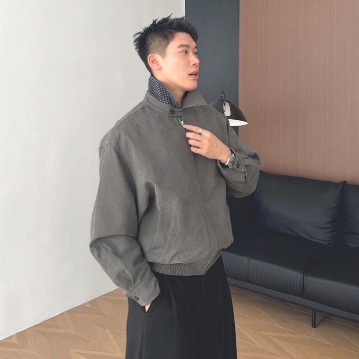 朱渣渣人夫感简约宽松休闲翻领短款立领夹克男外套秋通勤韩版潮流