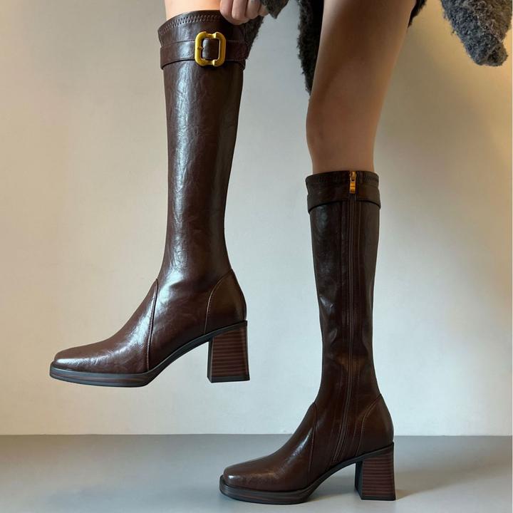 【专柜】爆款羊皮版金属扣厚底不过膝长靴粗跟长筒靴瘦瘦靴骑士靴女