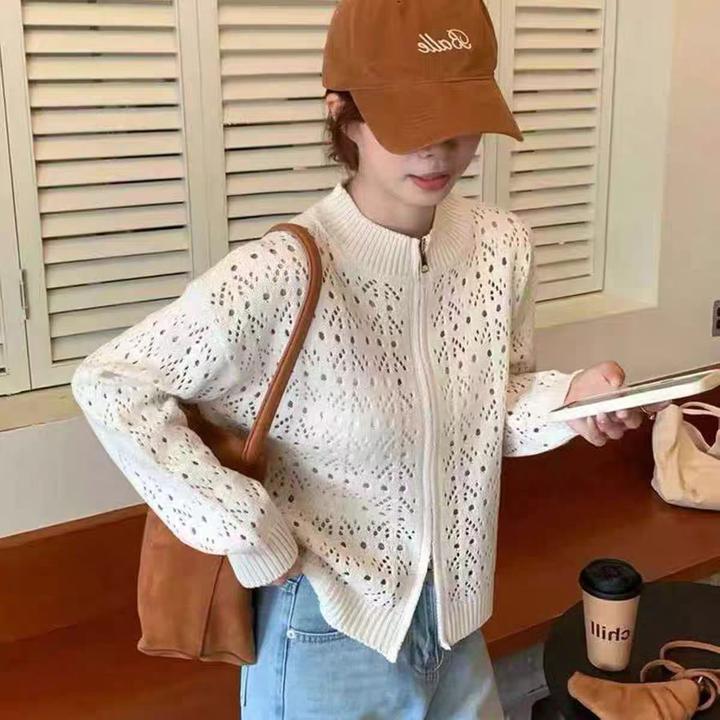 哥弟阿玛施正官方2025秋冬季新款时尚气质镂空长袖针织开衫外套女