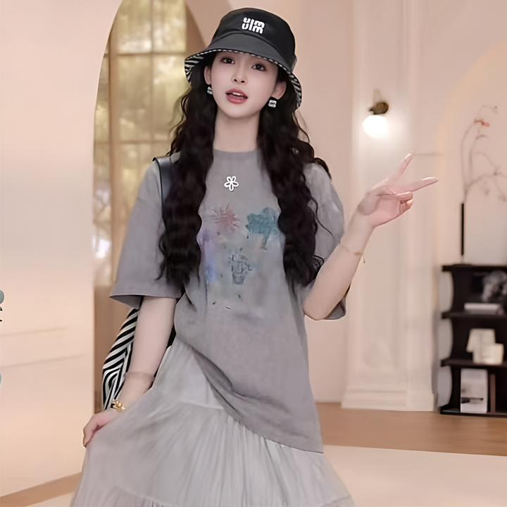 绝美ootd穿搭一整套夏季女装灰色短袖T恤网纱半身裙两件套装