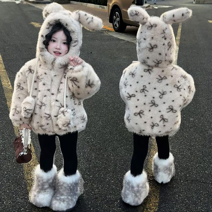 女童加绒外套冬款2025新款洋气宝宝羊羔毛毛衣儿童冬装加厚棉服