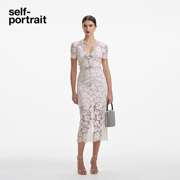 self-portrait2025春夏订婚宴小礼服珍珠蝴蝶结白蕾丝连衣裙