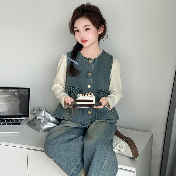 啊减龄显瘦牛仔孕妇外穿洋气马夹儿童秋冬女薄款春夏小马甲三件套