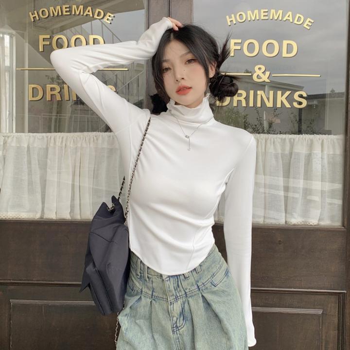 2025秋冬季高领德绒加厚保暖T恤女设计感内搭弧形下摆长袖打底衫