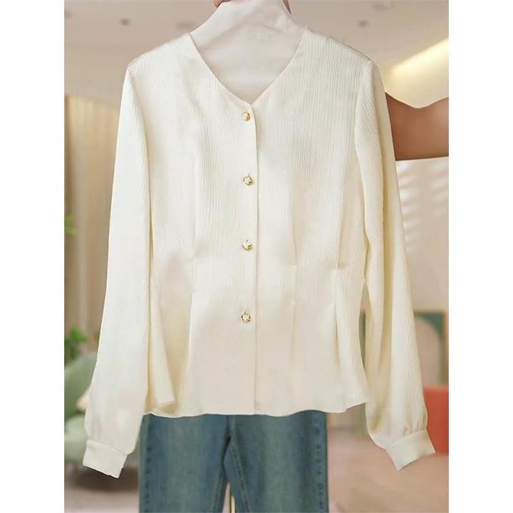 大码女早秋新款领长袖宽松收腰褶皱衬衫上衣潮范百搭气质佳