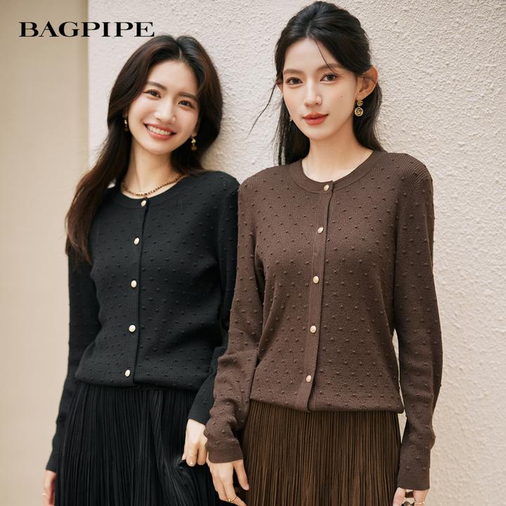 风笛2025秋季新款气质通勤薄款针织开衫简约圆领外套长袖内搭上衣