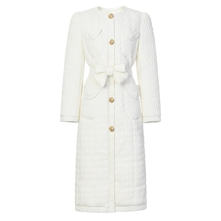 LeFame/拉飞姆冬绞花绗缝微收腰米白色羽绒服大衣FF24D41DC221