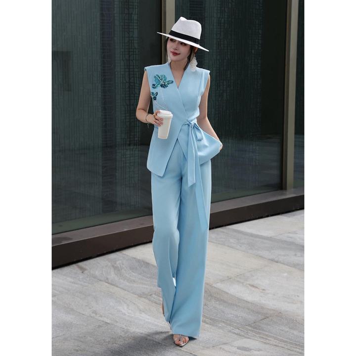 法式女装优雅系带洋气马甲上衣直筒阔腿裤套装气质显瘦两件套夏