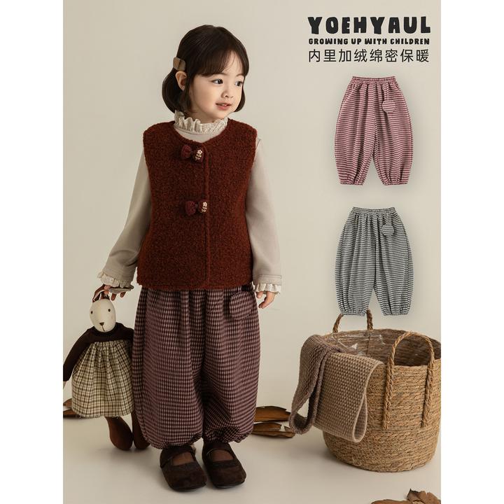 幼悠女童复古格子加绒裤子2025冬季新款宝宝儿童加厚灯笼裤GN7378