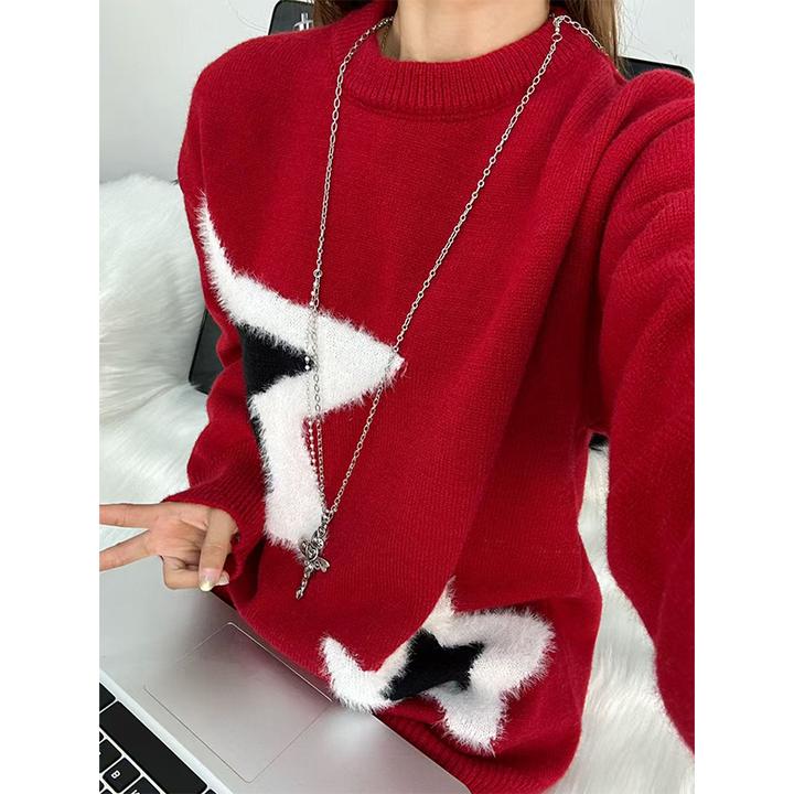 美式复古红色星星圆领毛衣男款秋冬cleanfit圣诞拼接重磅针织卫衣