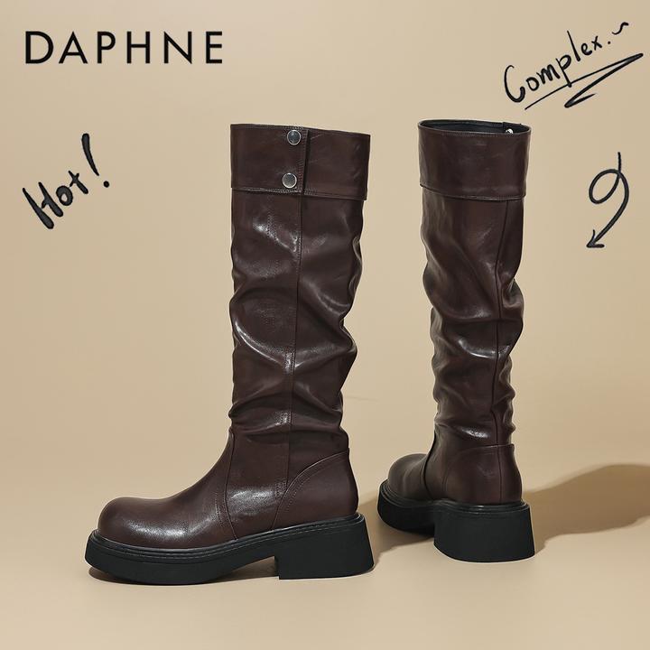 达芙妮厚底长筒靴女2025新款秋季爆款高筒不过膝堆堆西部骑士靴女