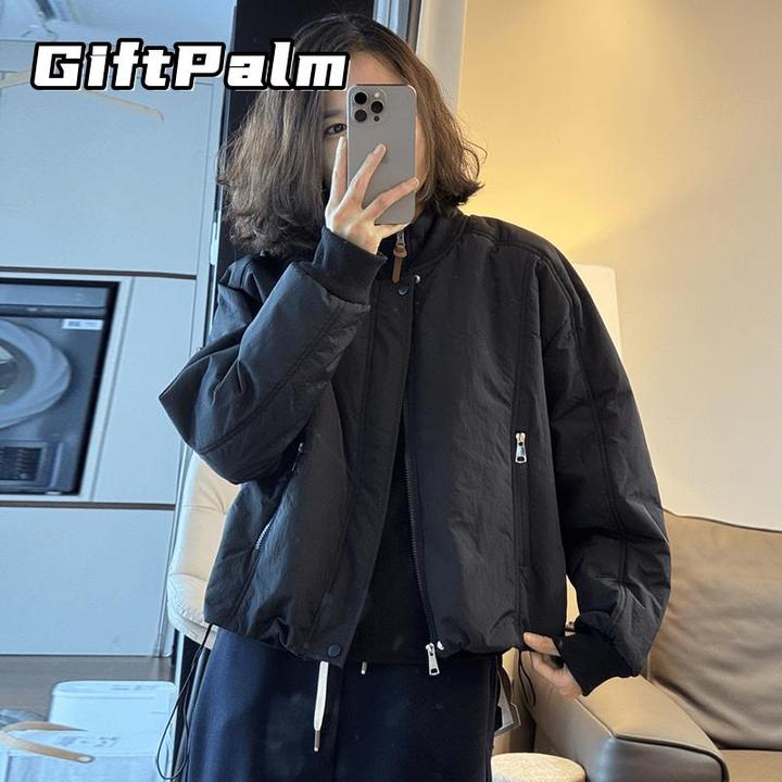 GiftPalm高端百搭小个子长袖夹棉保暖棒球服外套洋派拉炼遮肉休闲