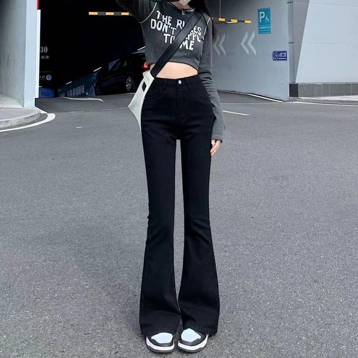 黑色微喇牛仔裤女春秋高腰弹力修身收腰显瘦马蹄裤高个子加长拖地