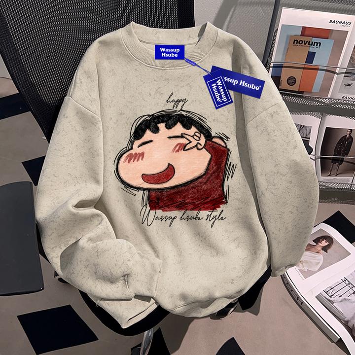 WASSUP HSUBE蜡笔小新趣味卡通情侣重磅卫衣秋季潮流百搭ins上衣
