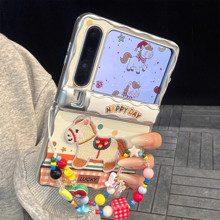 适用华为PuraX手机壳磁吸铰链电镀波浪边创意立体刺绣小马保护套