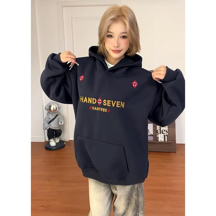 HandSeven美式2025新款重磅卫衣民族风字母刺绣连帽卫衣冬季加厚
