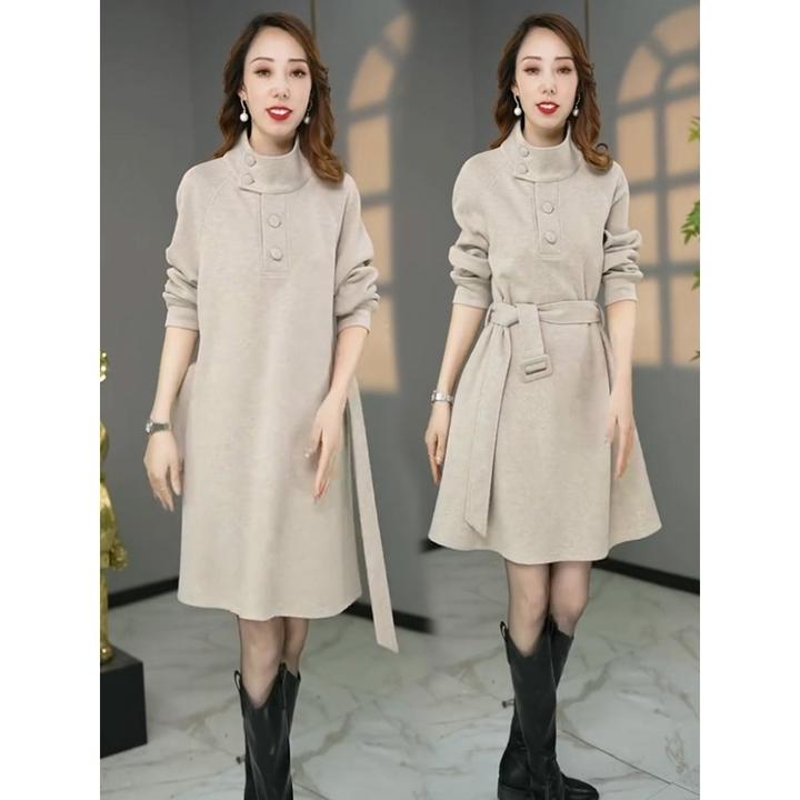 设计师款高级感宽松遮肉长袖连衣裙搭配大衣的秋冬季A字打底裙女