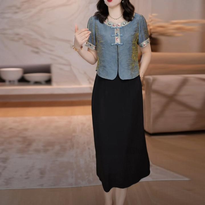 花萝缎中国风刺绣圆领旗袍2025夏季新款复古洋气质假两件连衣裙子