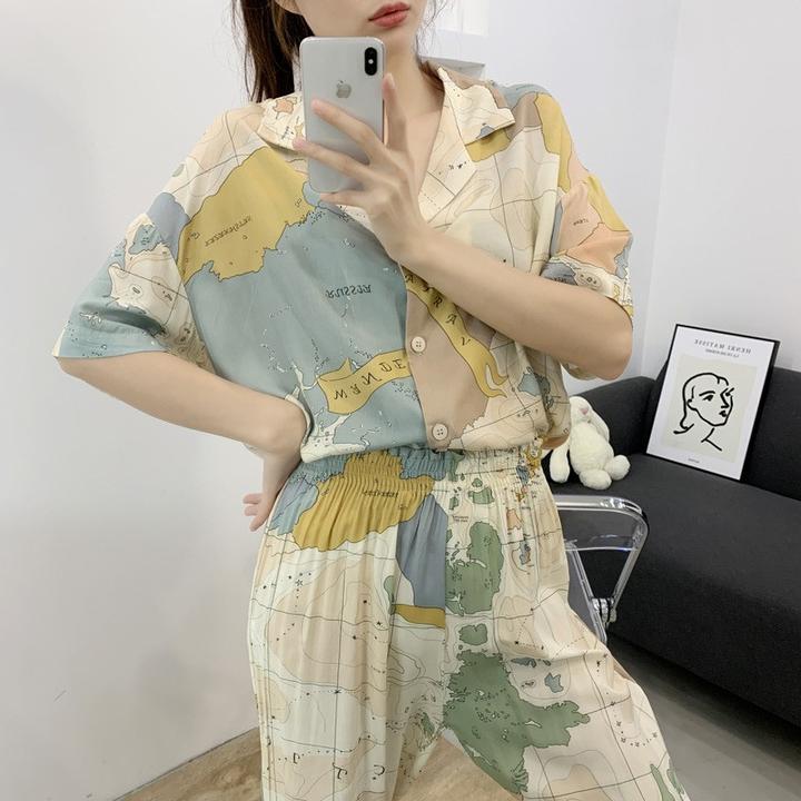 夏季翻领大码宽松舒适短袖短裤九分裤睡衣套装地图印花家居服套装