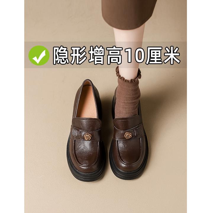 2025秋季粗跟英伦风深口乐福鞋圆头英伦风百搭休闲小皮鞋真皮女鞋