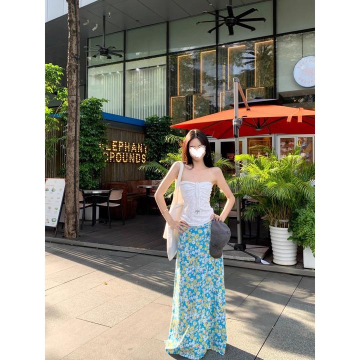 时尚套装粉色抽绳抹胸背心女夏季度假风碎花半身裙鱼尾裙两件套女