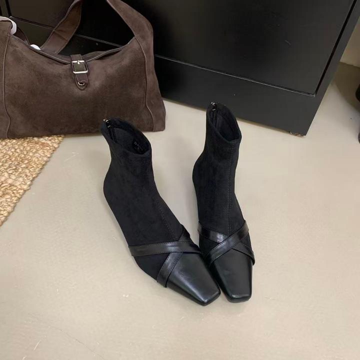 复古小方头绒面拼接韩系高级感瘦瘦靴2025秋冬新款百搭休闲时装靴