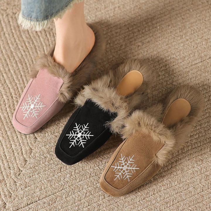 真皮拼色复古加绒保暖外穿包头半拖鞋女百搭平底方头冬季毛毛鞋子