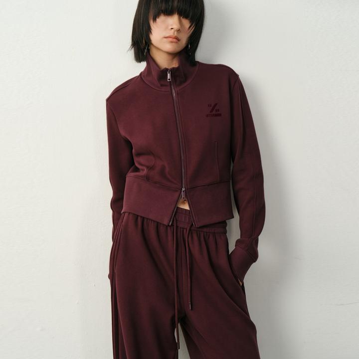 U/TI 纯色系安哥拉红立体裁剪风双拉链设计感珊瑚绒运动立领外套