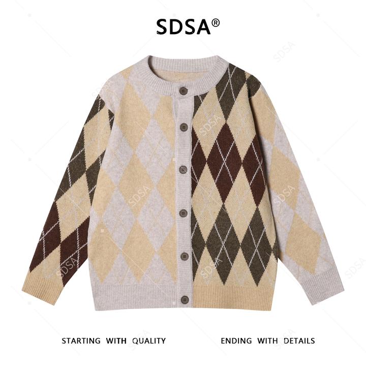 SDSA秋冬新款痞帅男装韩版撞色菱形格纽扣圆领毛衣百搭开衫针织衫