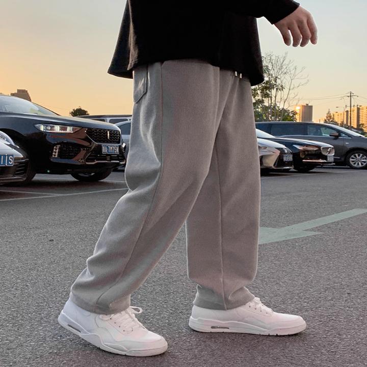 仓石一树春秋款纯色灯芯绒宽松运动裤潮流青少年休闲垂感直筒卫裤
