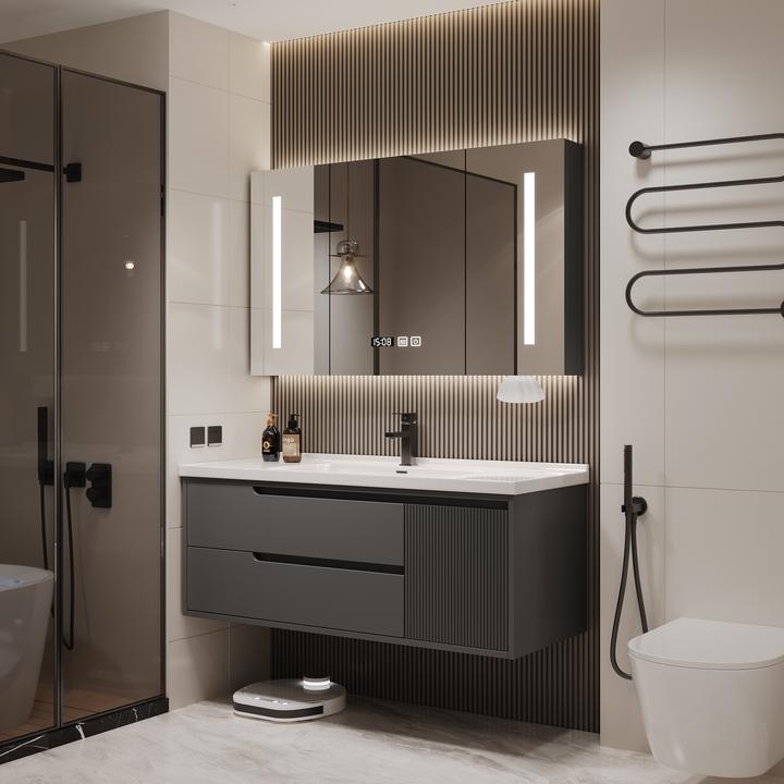 S8620深灰色现代简约智能浴室柜组合实木油漆门陶瓷一体盆洗手台