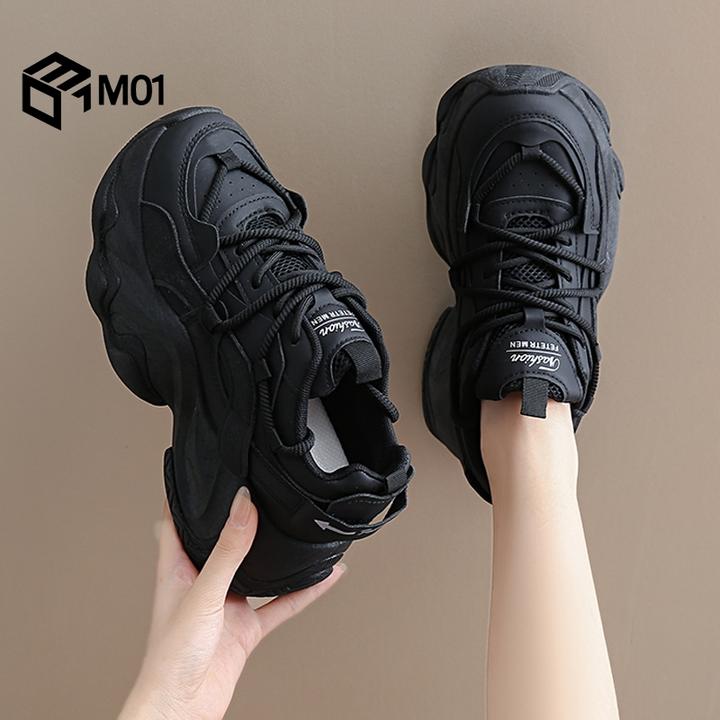 M01女鞋秋季厚底老爹鞋显脚小软底皮面纯黑色运动鞋防滑百搭爆款