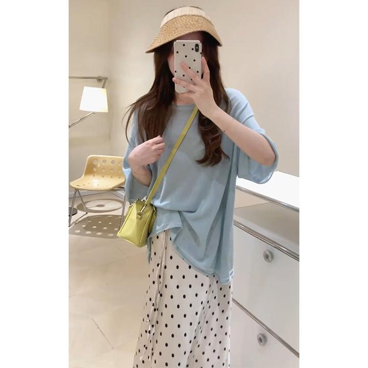 蓝色圆领冰丝亚麻针织短袖T恤女夏季宽松设计感大版半袖体恤上衣