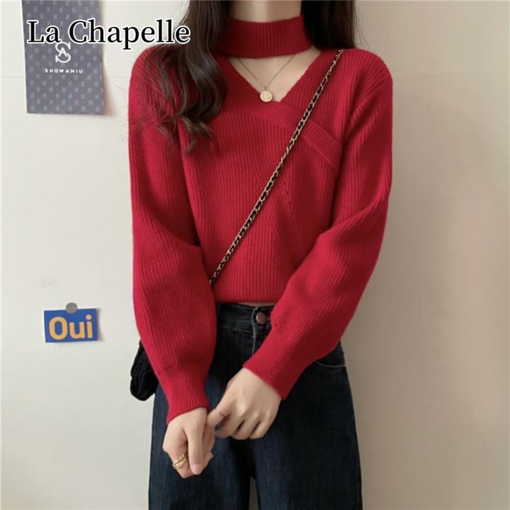 拉夏贝尔秋季韩版慵懒风宽松不规则斜领慵懒宽松针织毛衣上衣女