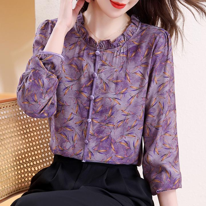 琉璃纱印花衬衫女春秋时尚宽松洋气印花上衣百搭减龄优雅小衫13