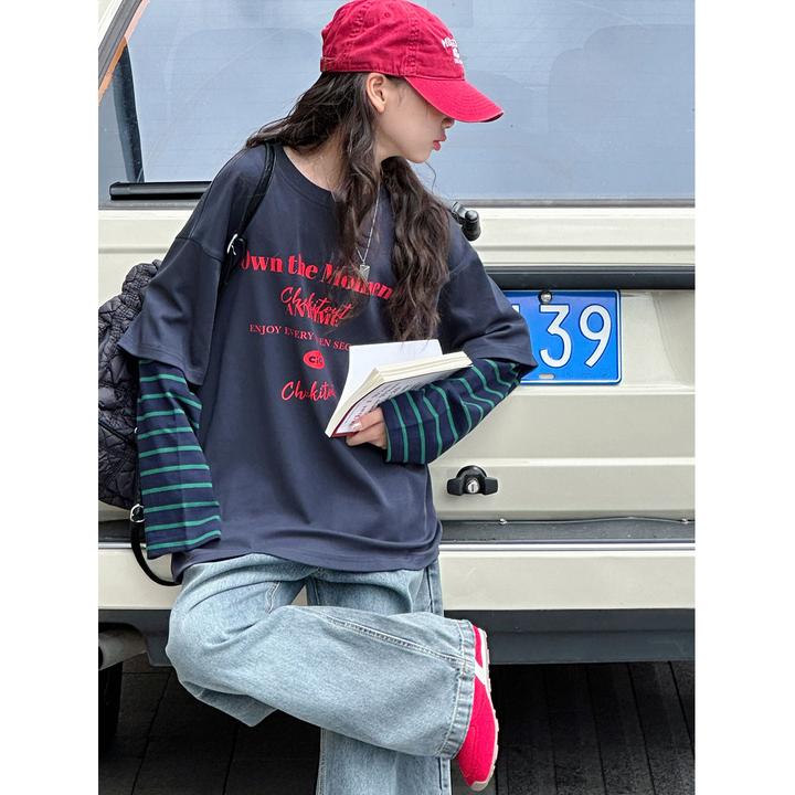 K29586孙小美假两件女童长袖T恤2025新款春秋装儿童条纹上衣衣服