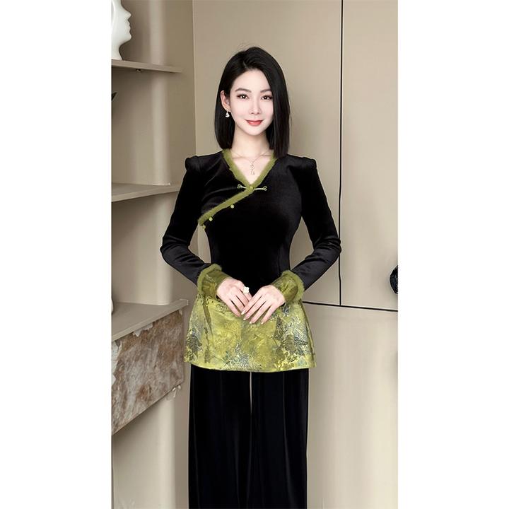 格娜【只此青绿】秋冬新款改良奥黛气质上衣新中式套装冬季内搭套装