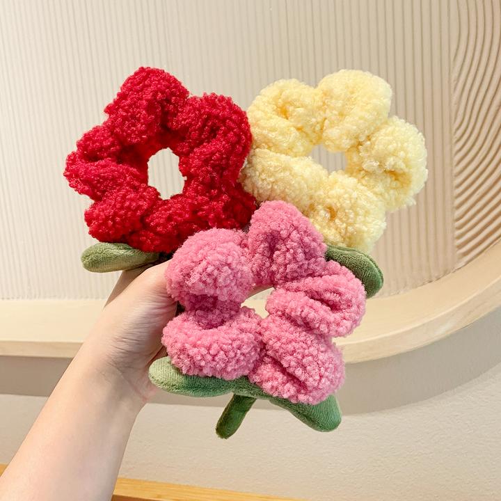 2025毛绒秋冬花朵大肠发圈儿童甜美丸子扎头绳皮筋宝宝百搭发饰