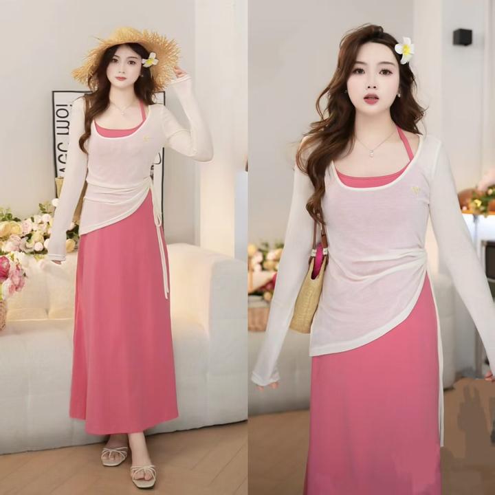 M u子酱微胖白杏色上衣WPWGN9163+玫粉色吊带裙两件套WPWGN8953