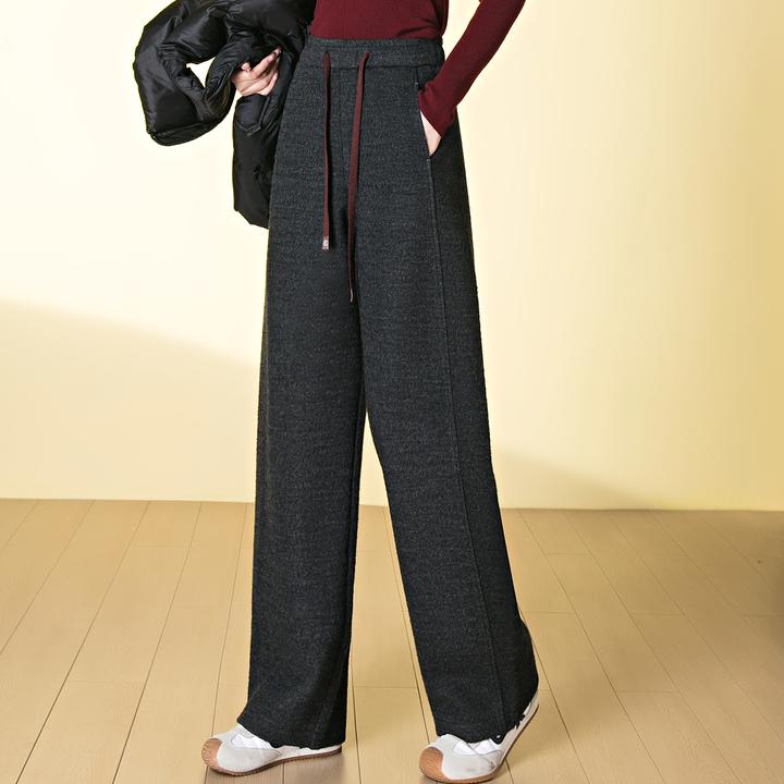 加厚羊毛呢休闲裤女士2025冬季新款系带抽绳阔腿裤高腰直筒裤子