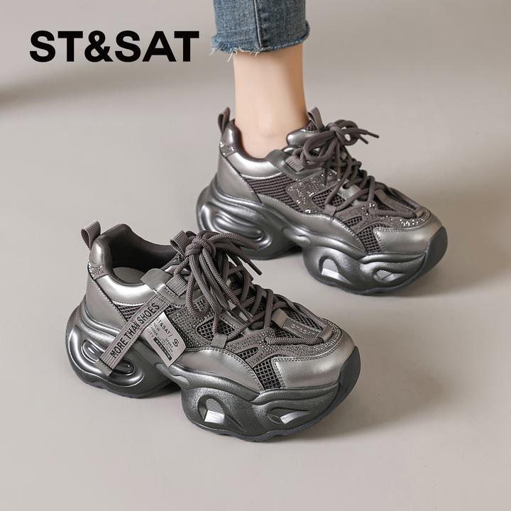 星期六擦色户外休闲潮鞋学生百搭系带透气增高女款老爹鞋运动鞋子