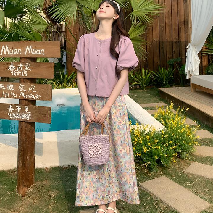 法式甜美泡泡袖时尚套装女夏季新款洋气百搭上衣碎花长裙两件套
