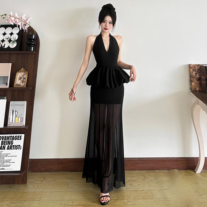 Malou 法式V领荷叶边遮腰性感挂脖连衣裙女网纱拼接长裙K25D65725