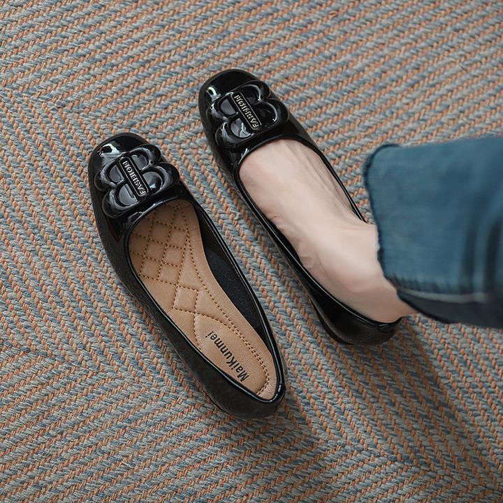 JHX法式晚风小清新漆皮低跟方头粗跟浅口平底休闲单鞋女黑色百搭