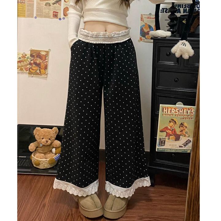 2025早春新款韩系甜美波点蕾丝花边拼接休闲裤女宽松减龄九分裤子