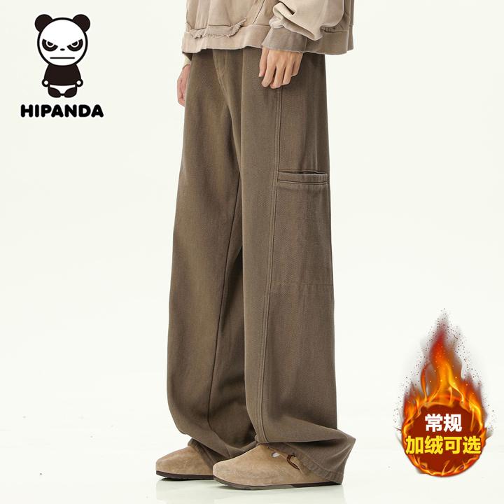 HiPanda男士工装牛仔裤秋冬加绒加厚宽松复古潮流水洗阔腿直筒裤