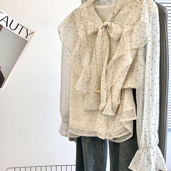 甜美蝴蝶结洋气长袖衬衫女秋季新款时尚荷叶边减龄百搭打底衫上衣