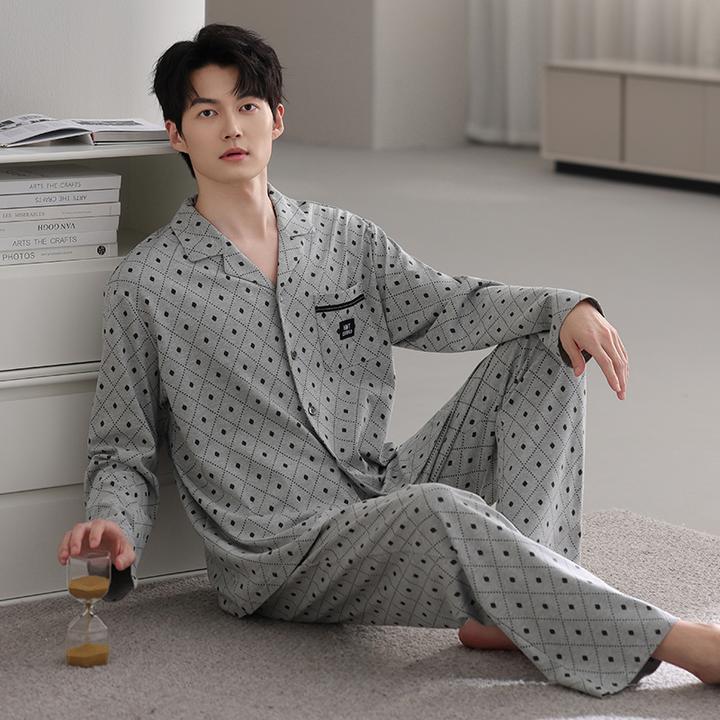 【高档纯棉】男士睡衣全棉春秋款纯棉翻领家居服长袖长裤中老年爸爸