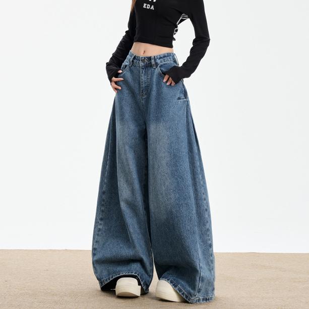 秋冬复古水洗阔腿牛仔裤女宽松高腰显瘦褶皱设计直筒裤拖地裤长裤