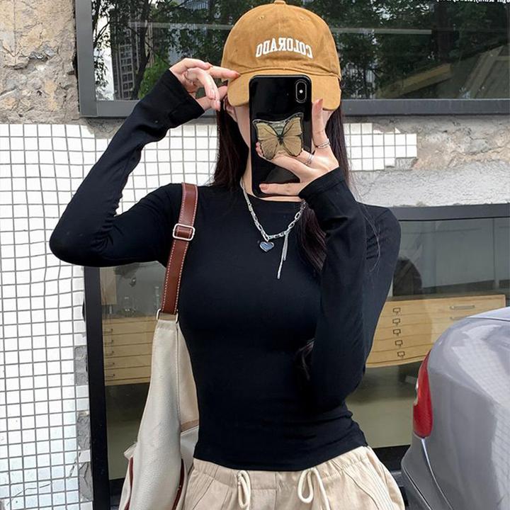 显瘦圆领正肩T恤女内搭外穿春秋百搭修身长袖打底衫上衣